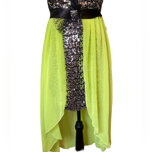 NEW City Studio Neon Yellow Metallic Silver Sequin Hi Lo Bustier Formal Dress - Picture 3 of 8